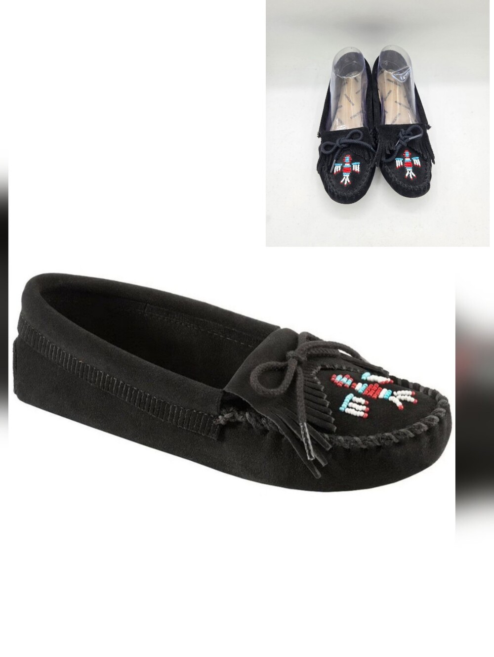 Minnetonka Thunderbird Animikii Softsole Black Suede Beaded Moccasins Size 7 Wmn